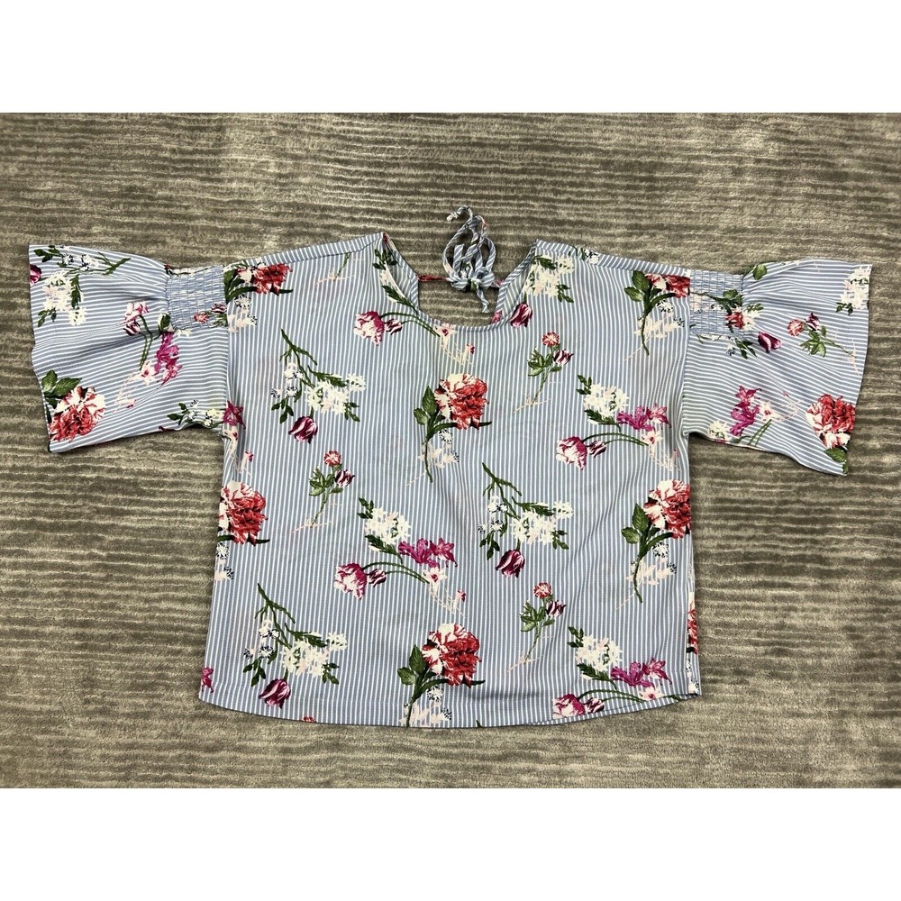 Twine & String Top Womens Large Blue White Striped Floral Shortsleeve Casual‎